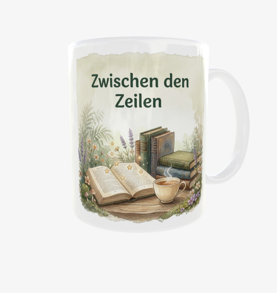 Weiße Lese-Tasse mit Henkel rechts, dem Spruch ‚Zwischen den Zeilen‘, offenem Buch, goldenen Sternen und Teetasse.