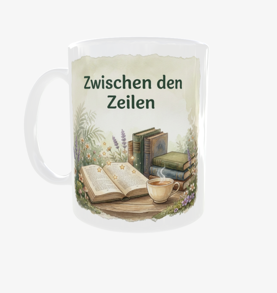 Weiße Lese-Tasse mit Henkel links und dem Motiv ‚Zwischen den Zeilen‘ mit Bücherstapeln, Tee und Blumen