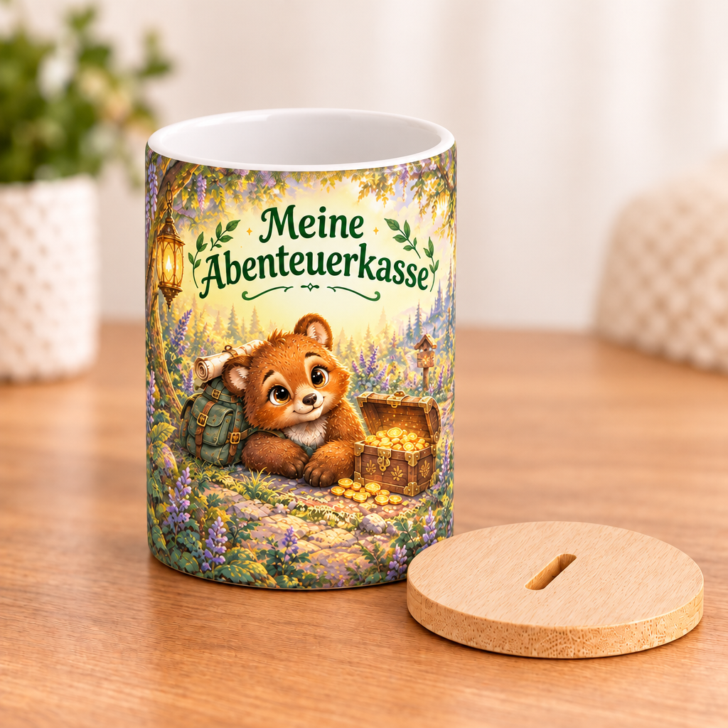 Abenteuerbär-Spardose mit Deckel daneben