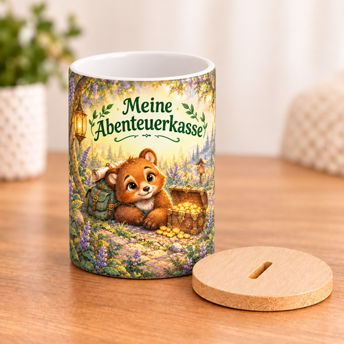 Abenteuerbär-Spardose mit Deckel daneben