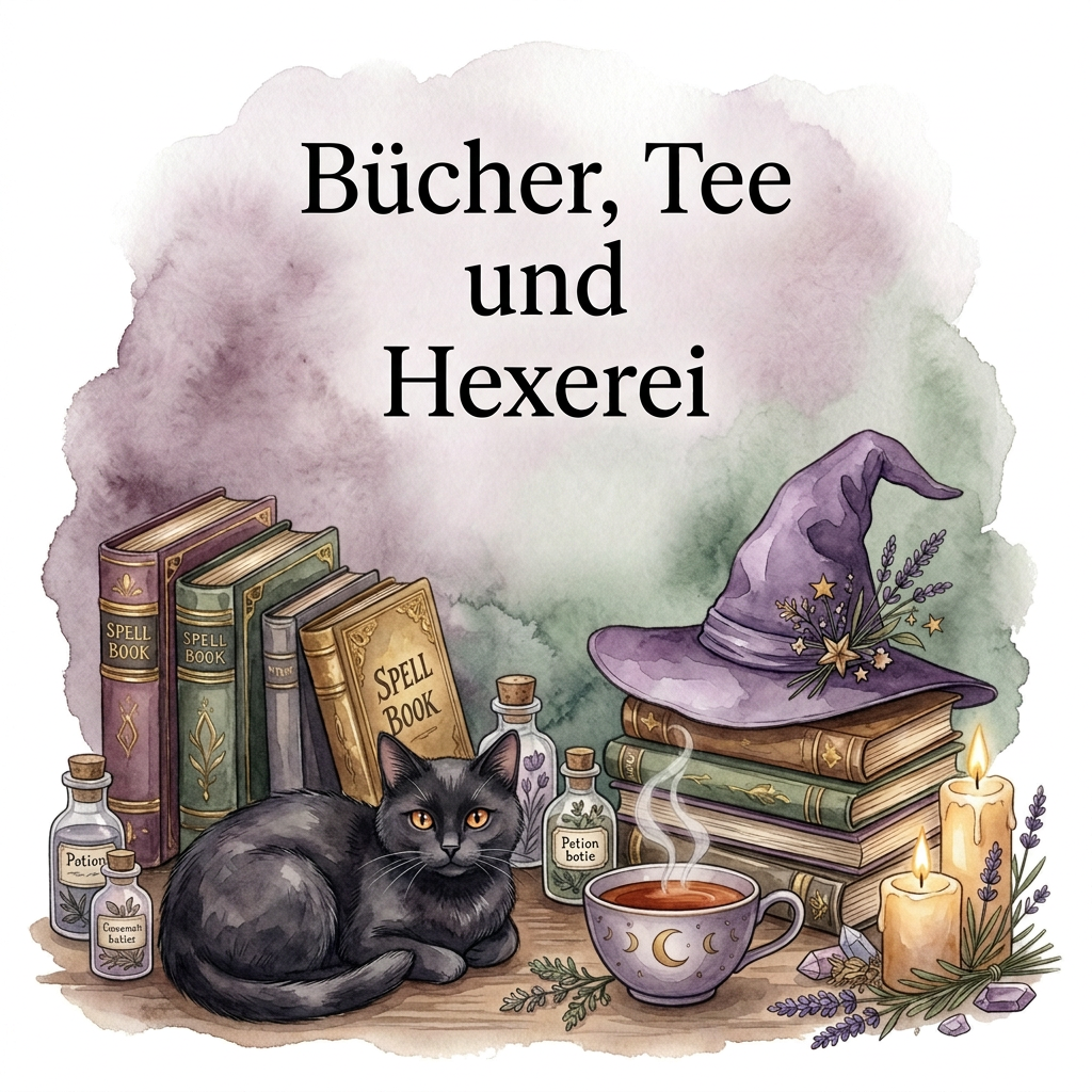 Bücher, Tee und Hexerei“ mit schwarzer Katze, Zauberbüchern, lilafarbenem Hexenhut, dampfender Teetasse, Kerzen und Lavendel.