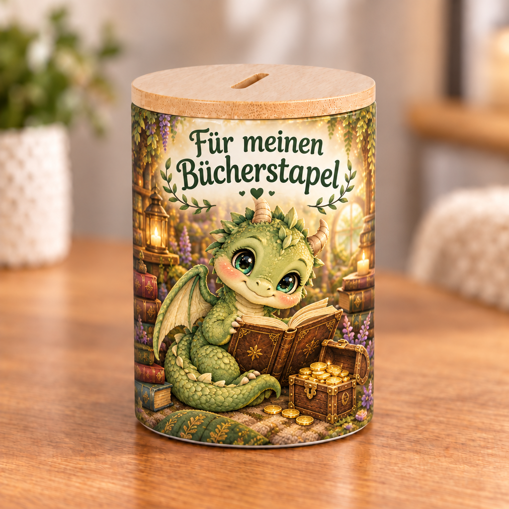 Bücherdrachen-Spardose mit Bambusdeckel – Für meinen Bücherstapel