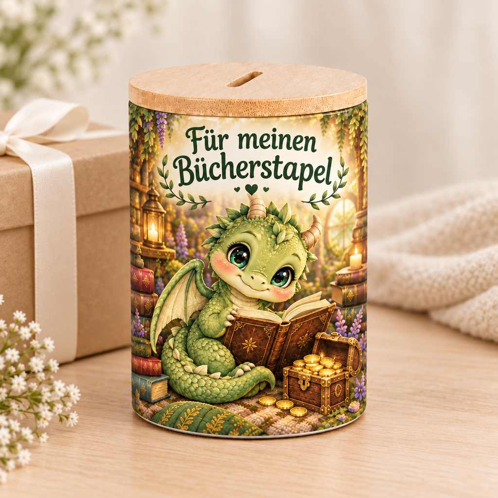 Bücherdrachen-Spardose als Geschenk