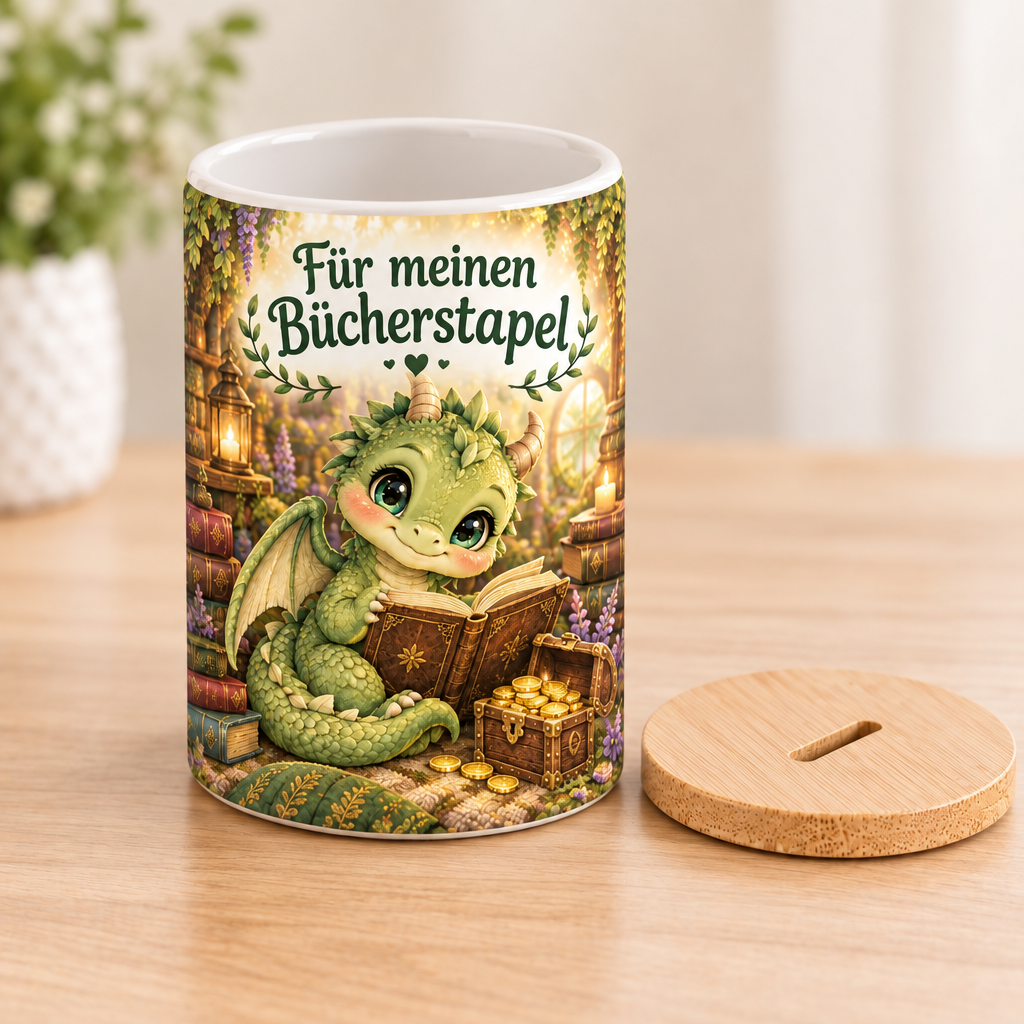 Bücherdrachen-Spardose mit Deckel daneben