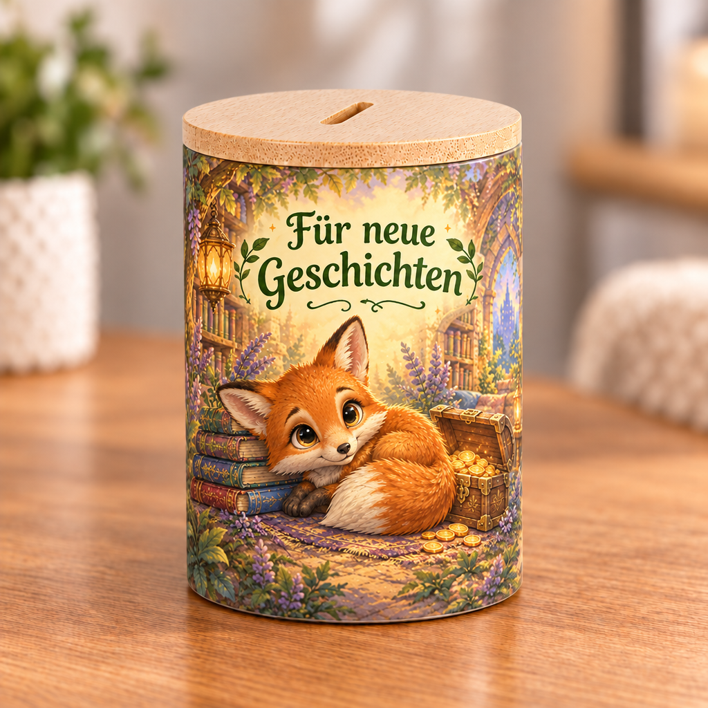 Bücherfuchs-Spardose mit Bambusdeckel – Für neue Geschichten