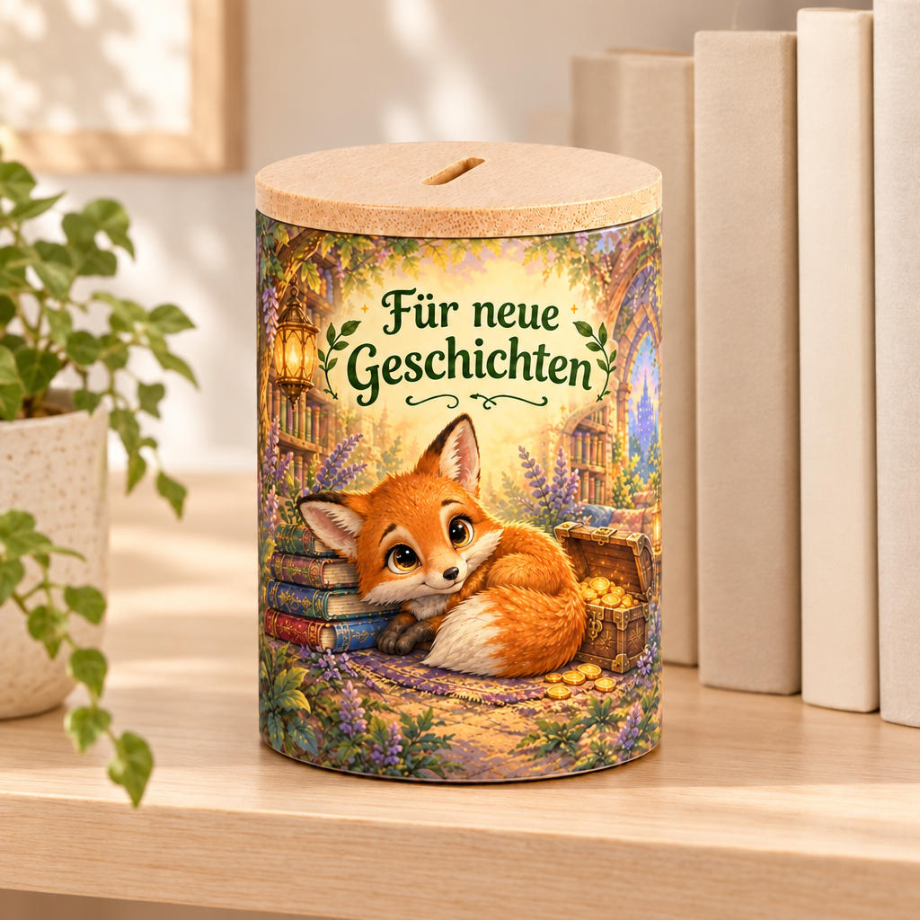 Bücherfuchs-Spardose im Leseregal