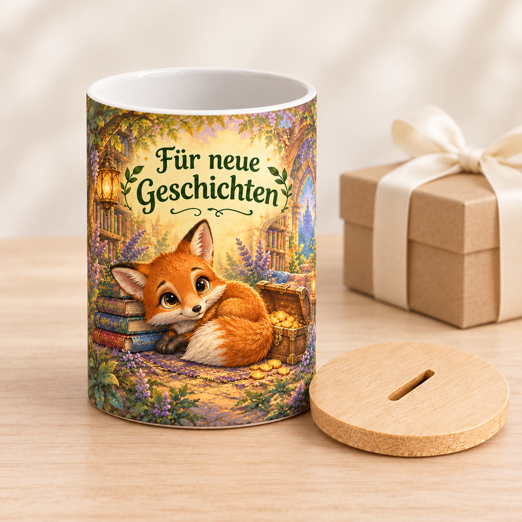Bücherfuchs-Spardose mit Deckel daneben