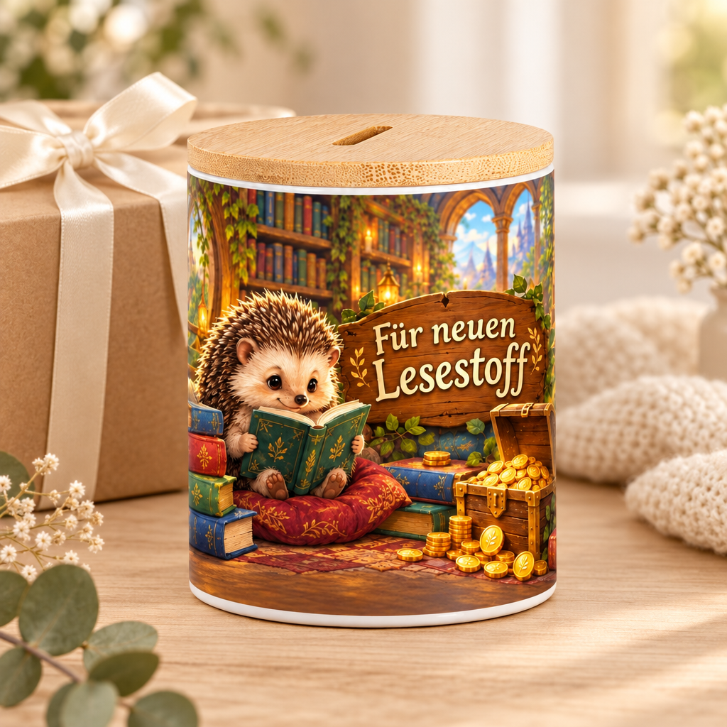 Bücherigel-Spardose als Geschenk