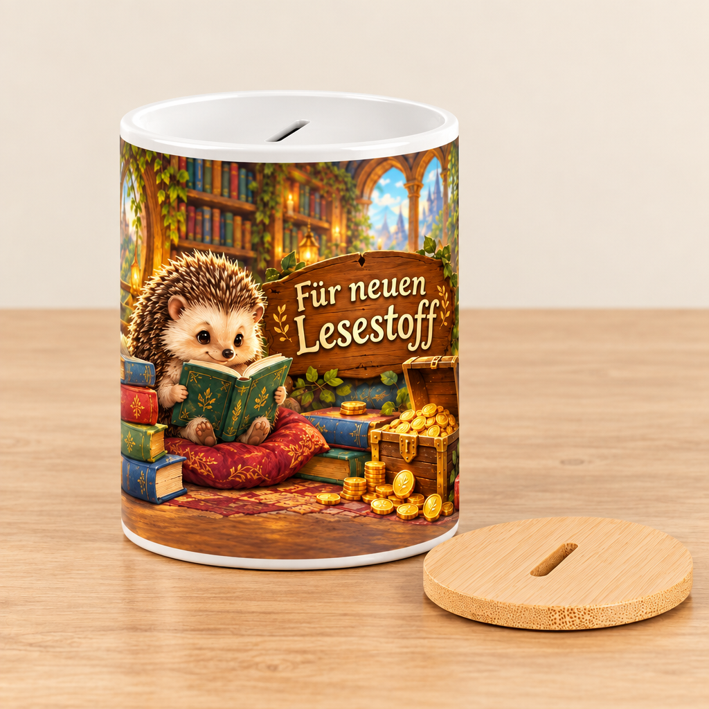 Bücherigel-Spardose mit Deckel daneben