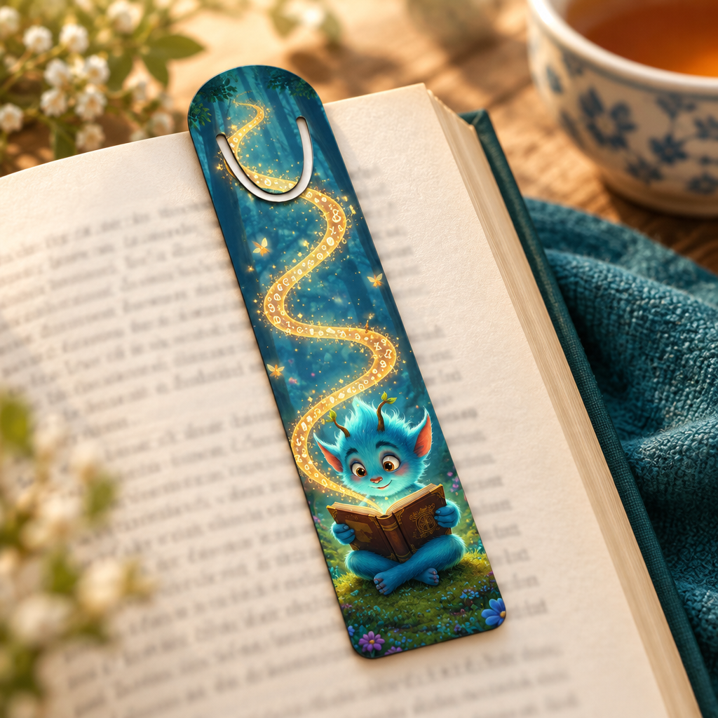 Fantasy-Lesezeichen aus Aluminium – Blaues Bücherwesen