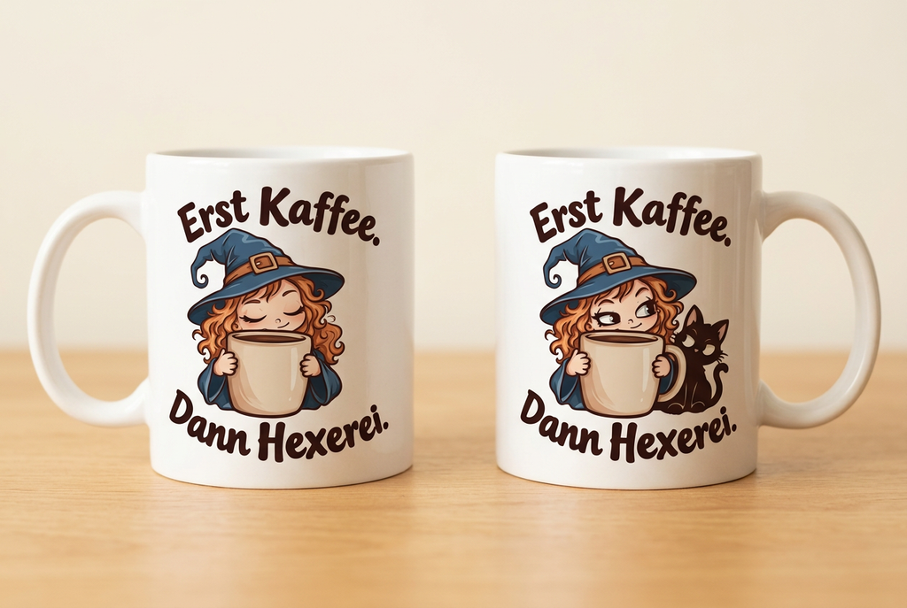 Zwei Ansichten derselben weißen Tasse mit dem Spruch „Erst Kaffee. Dann Hexerei.“: Hexe mit geschlossenen Augen sowie Hexe mit offenen Augen und schwarzer Katze.