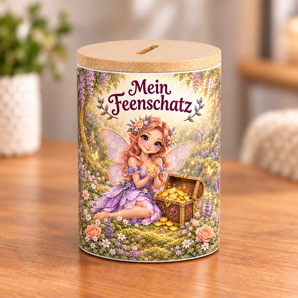 Blumenfeen-Spardose mit Bambusdeckel – Mein Feenschatz