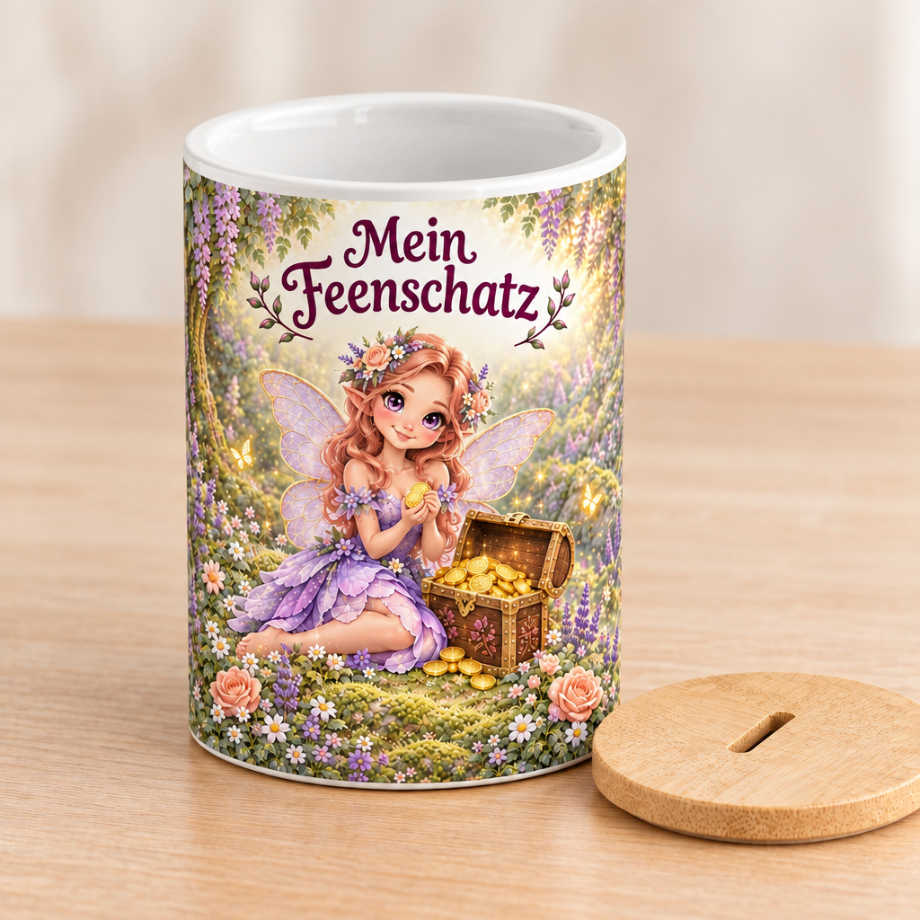 Blumenfeen-Spardose mit Deckel daneben