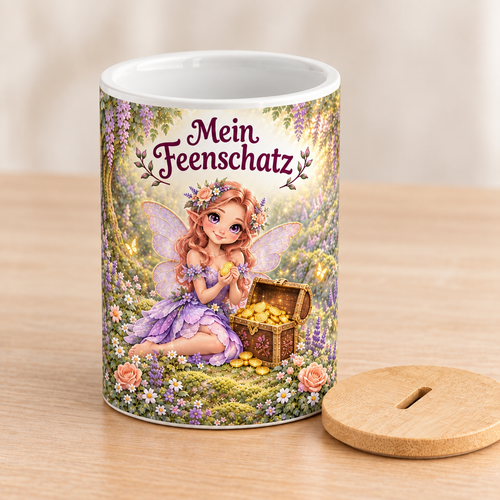 Blumenfeen-Spardose mit Deckel daneben
