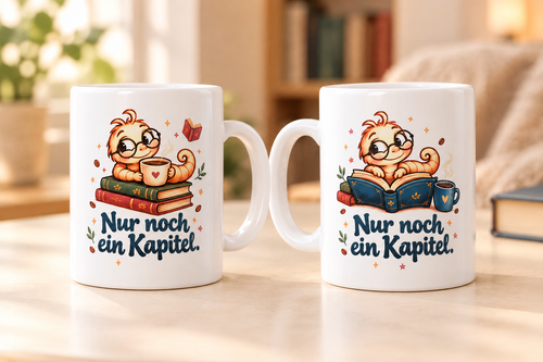 Zwei Ansichten derselben Bücherwurm-Tasse mit Brille, Büchern und dem Spruch „Nur noch ein Kapitel.“
