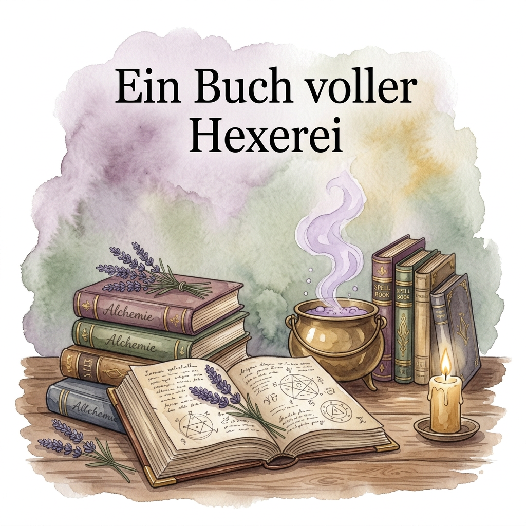 Aquarellmotiv „Ein Buch voller Hexerei“ mit geöffnetem Zauberbuch, alten Büchern, goldfarbenem Kessel, Lavendel und Kerze