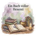 Aquarellmotiv „Ein Buch voller Hexerei“ mit geöffnetem Zauberbuch, alten Büchern, goldfarbenem Kessel, Lavendel und Kerze
