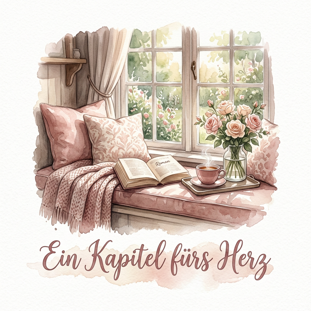 Aquarellmotiv „Ein Kapitel fürs Herz“ mit rosafarbenem Fensterplatz, Kissen, Decke, offenem Roman, dampfendem Tee und Rosen.