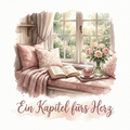 Aquarellmotiv „Ein Kapitel fürs Herz“ mit rosafarbenem Fensterplatz, Kissen, Decke, offenem Roman, dampfendem Tee und Rosen.