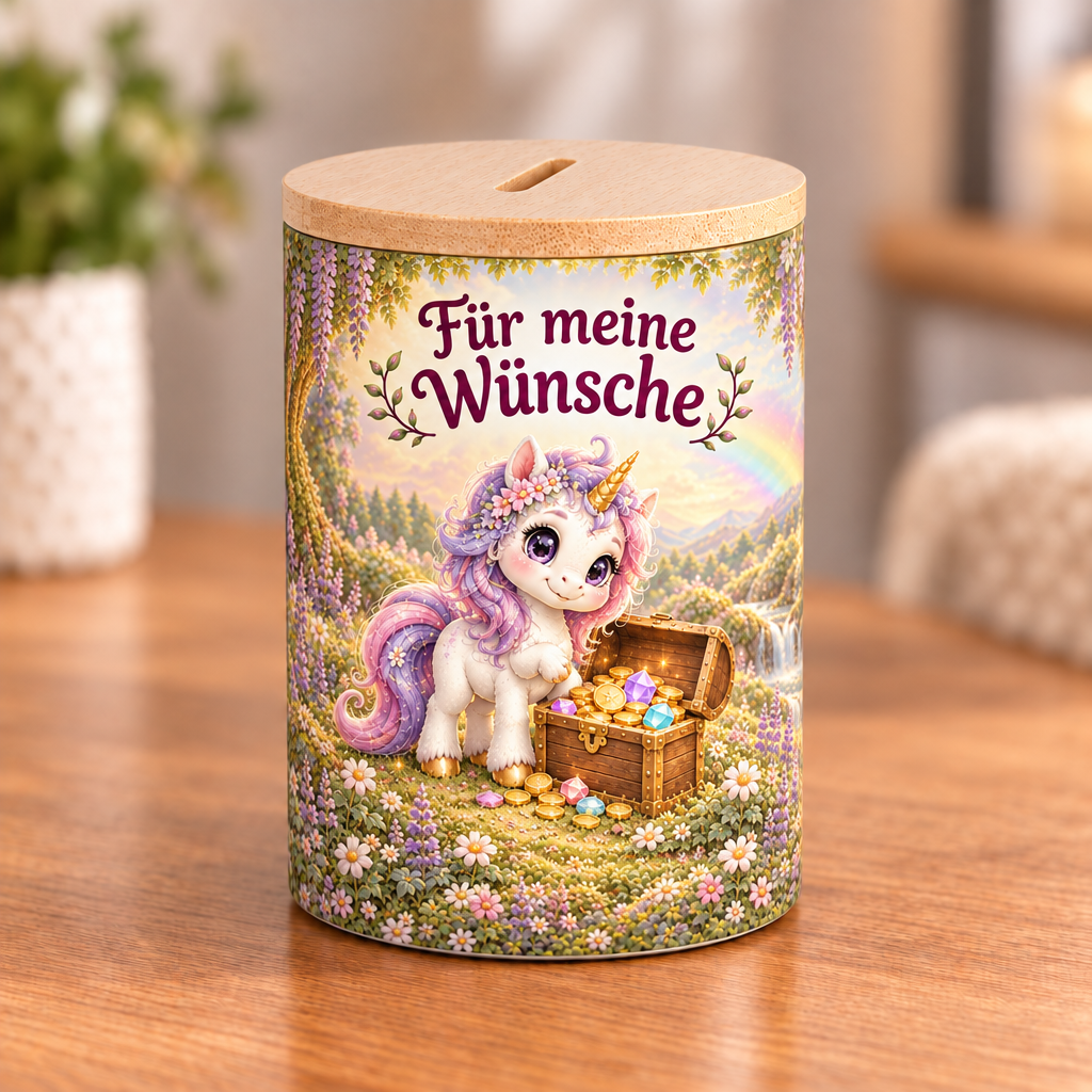 Einhorn-Spardose mit Bambusdeckel – Für meine Wünsche