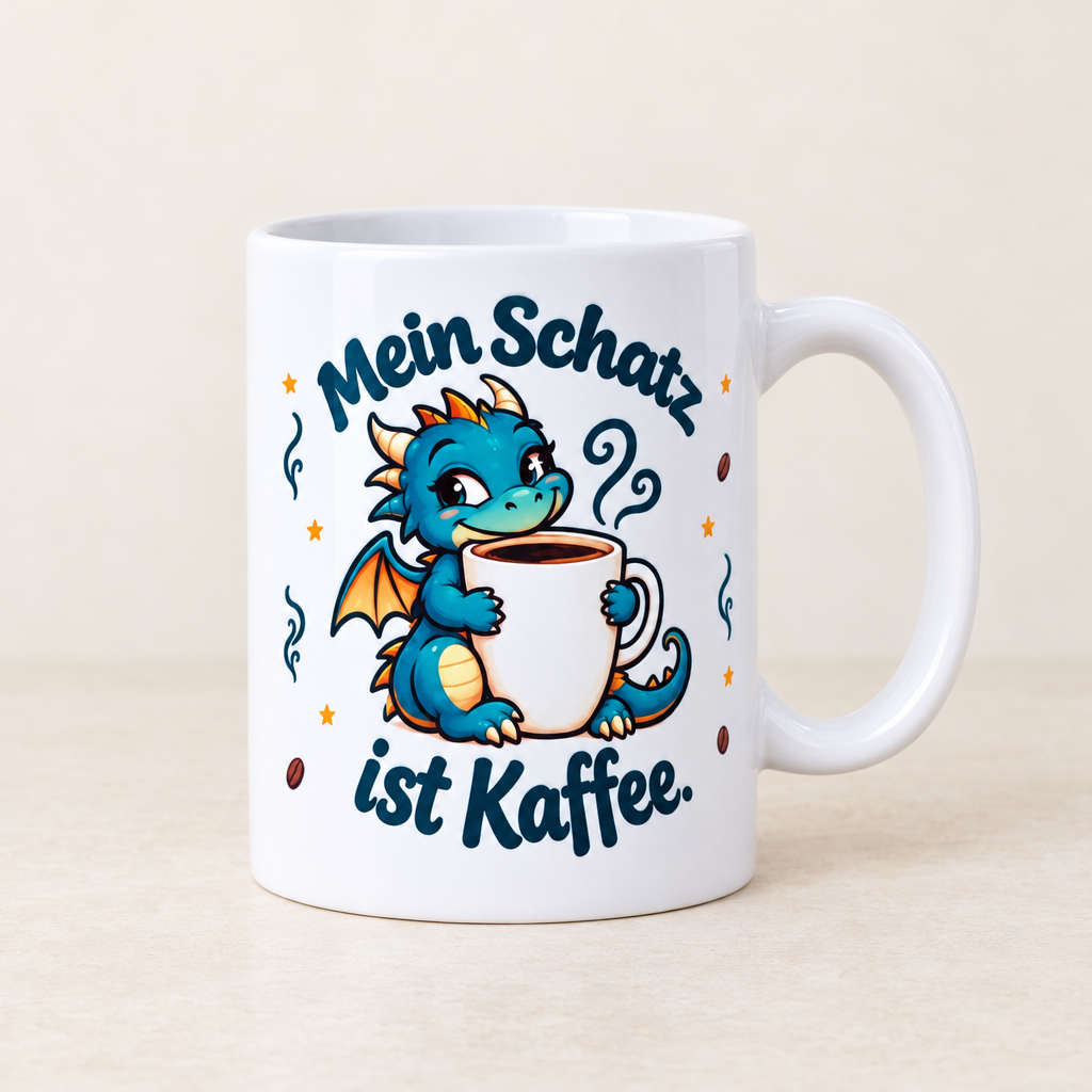 Weiße Tasse mit petrolfarbenem Drachen, Kaffeetasse, Sternen und dem Spruch „Mein Schatz ist Kaffee.“
