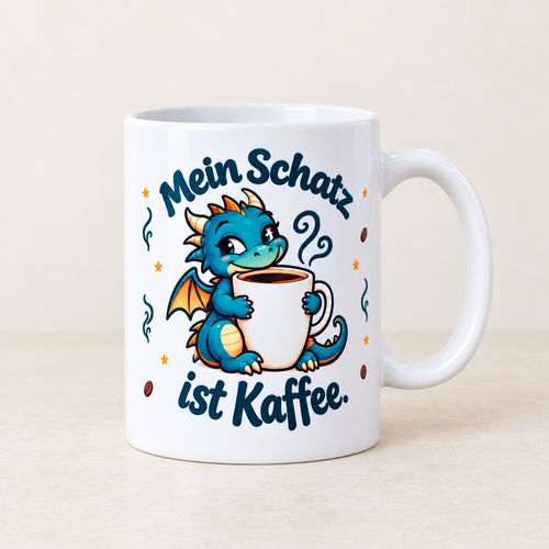 Weiße Tasse mit petrolfarbenem Drachen, Kaffeetasse, Sternen und dem Spruch „Mein Schatz ist Kaffee.“
