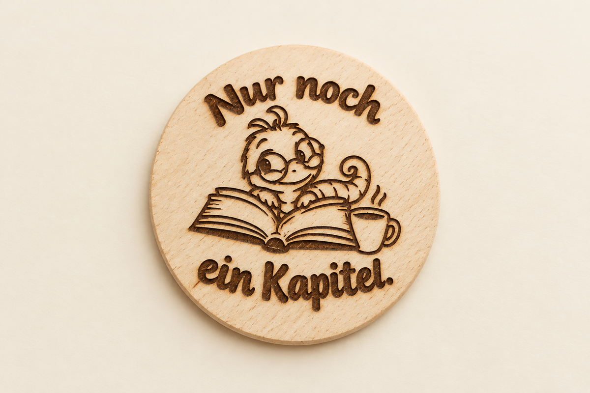 Runder Holzuntersetzer mit Bücherwurm, offenem Buch, Kaffeetasse und „Nur noch ein Kapitel.“
