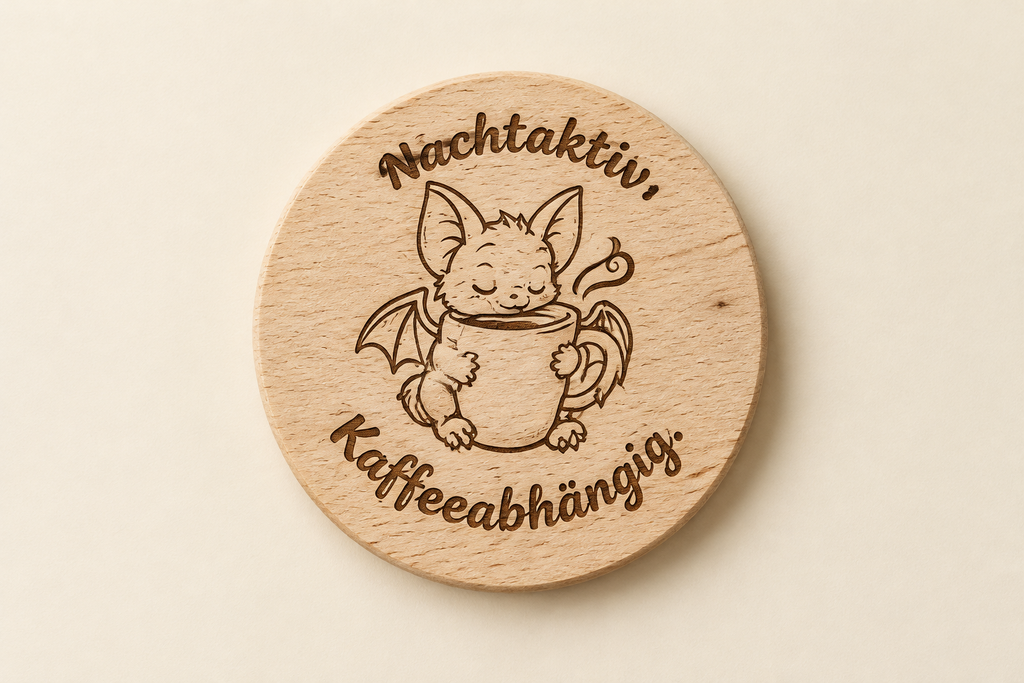 „Runder Holzuntersetzer mit gravierter Fledermaus, Kaffeetasse und dem Spruch ‚Nachtaktiv. Kaffeeabhängig.‘“