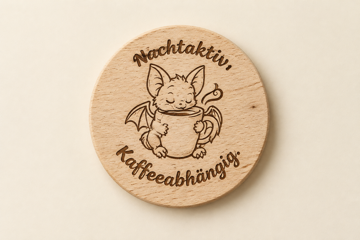 „Runder Holzuntersetzer mit gravierter Fledermaus, Kaffeetasse und dem Spruch ‚Nachtaktiv. Kaffeeabhängig.‘“