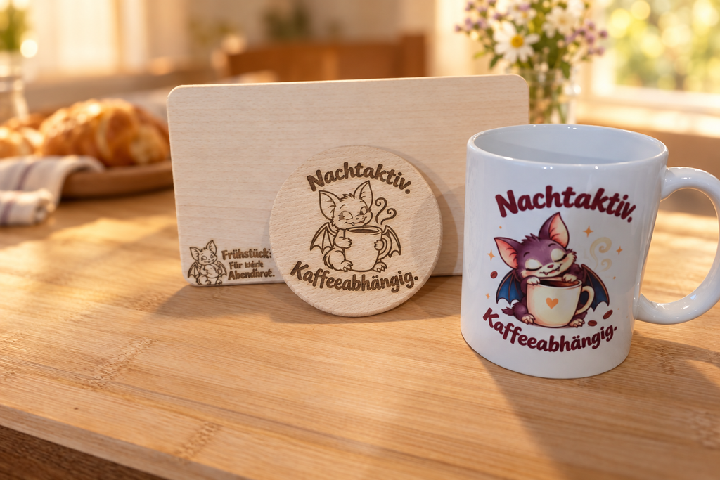 „Fledermaus-Geschenkset mit weißer Motivtasse, graviertem Holzbrettchen und rundem Holzuntersetzer auf einem Frühstückstisch.“