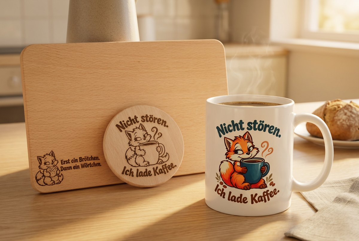 Fuchs-Geschenkset – Tasse, Frühstücksbrettchen & Untersetzer