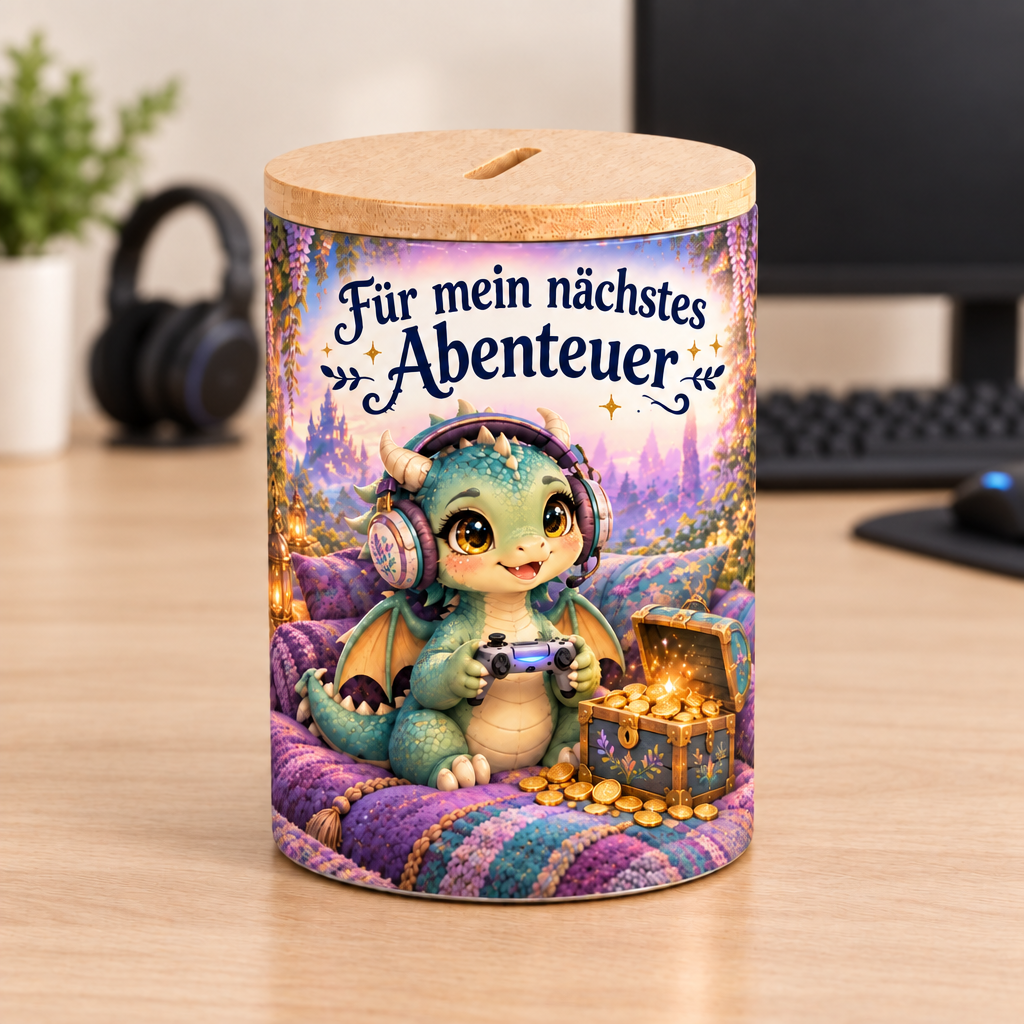 Gaming-Drachen-Spardose auf einem aufgeräumten Gaming-Schreibtisch