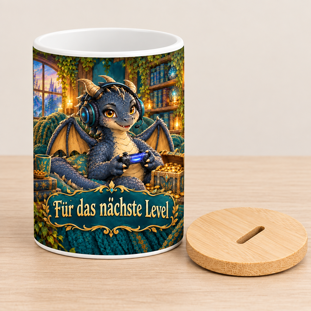 Gaming-Drachen-Spardose mit Deckel daneben