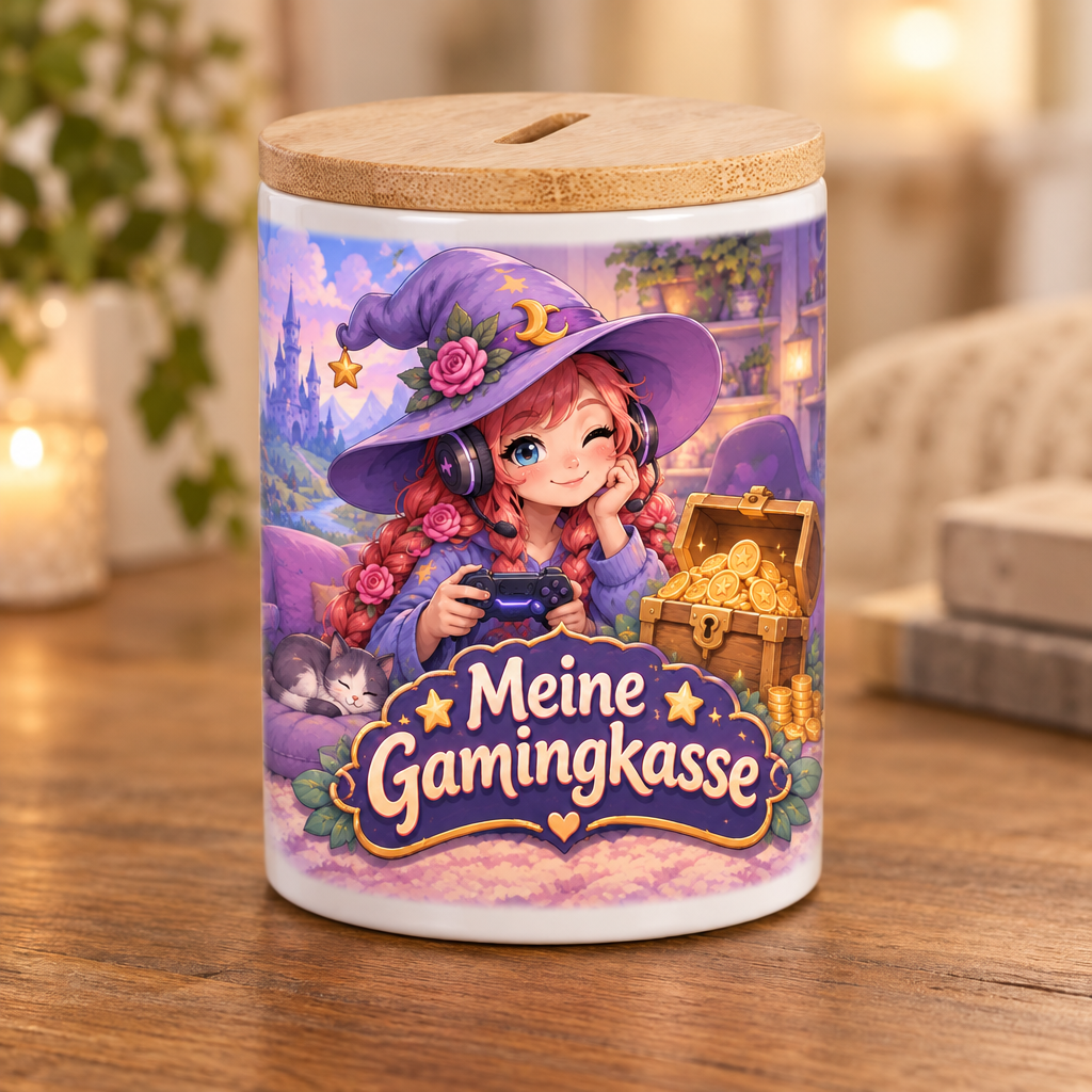 Gaming-Hexen-Spardose mit Bambusdeckel – Meine Gamingkasse