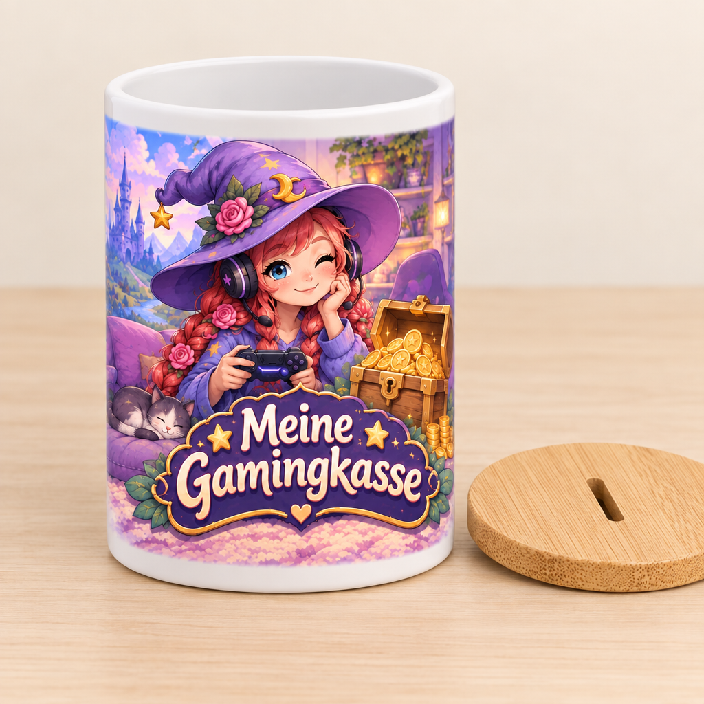Gaming-Hexen-Spardose mit Deckel daneben