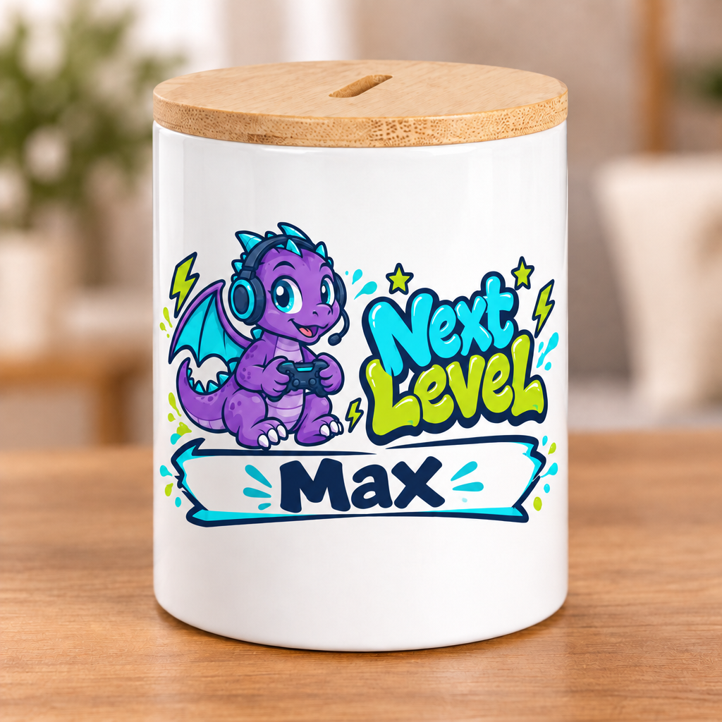 Gaming-Drachen-Spardose mit Namensfeld – Next Level
