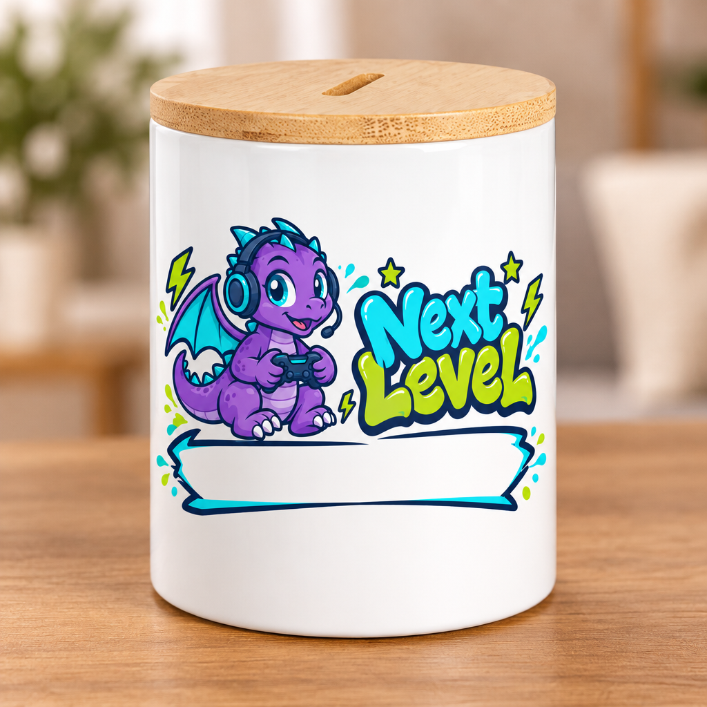Gaming-Drachen-Spardose mit Namensfeld – Next Level