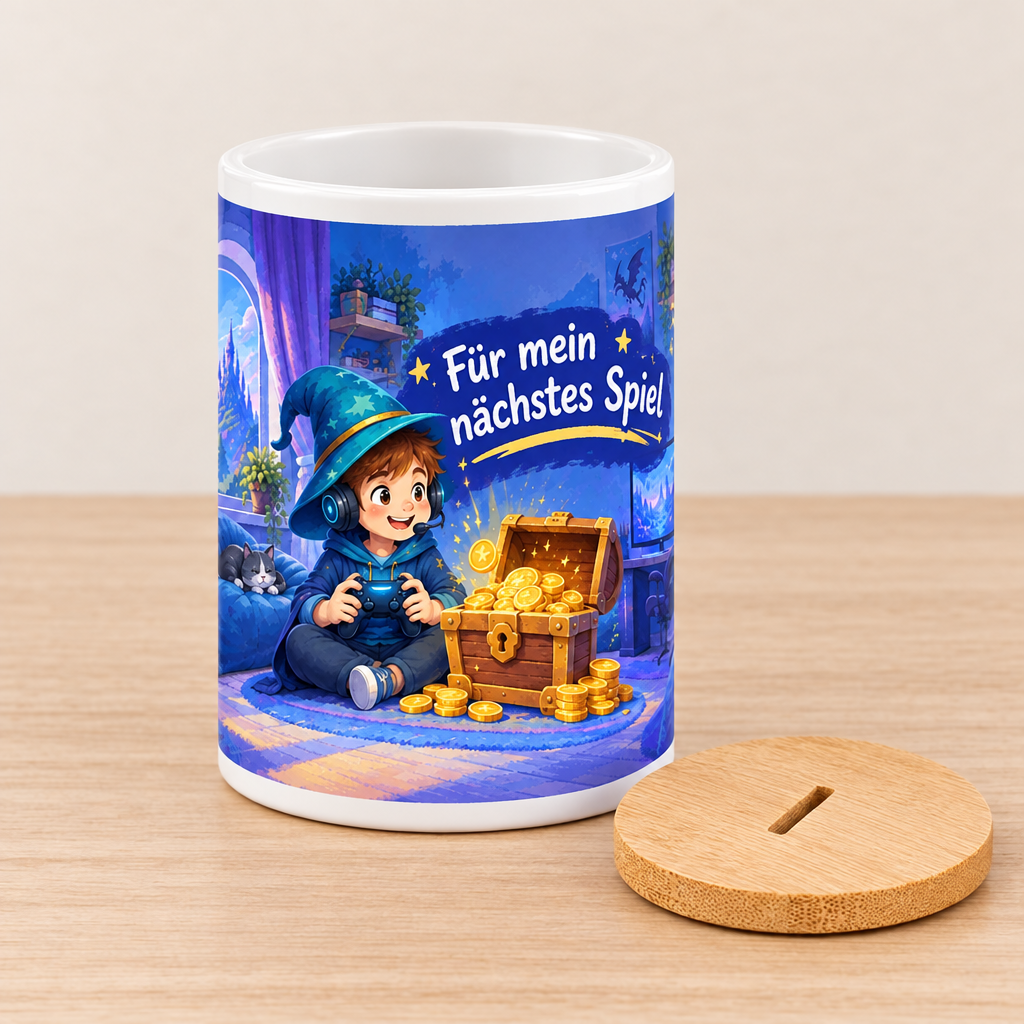 Gaming-Zauberer-Spardose mit Deckel daneben