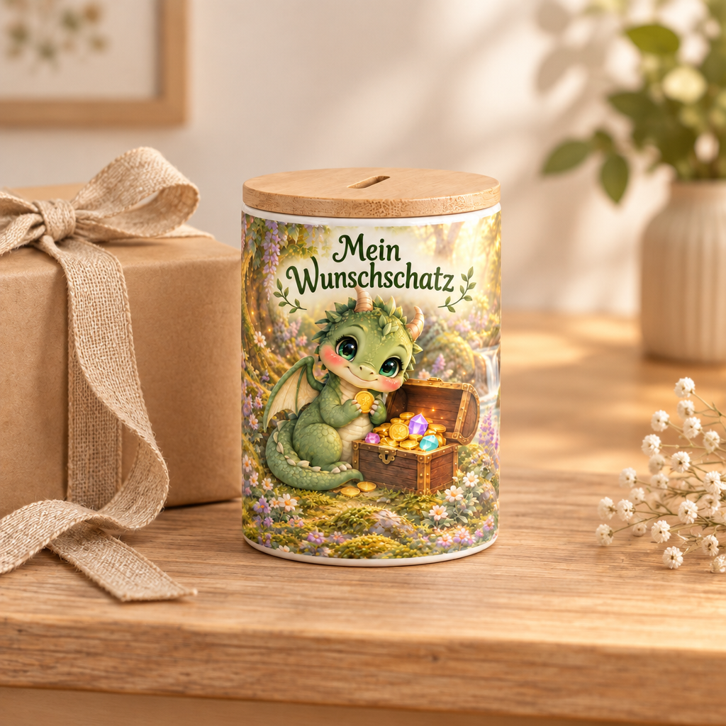 Grüne Drachen-Spardose als Geschenkpräsentation
