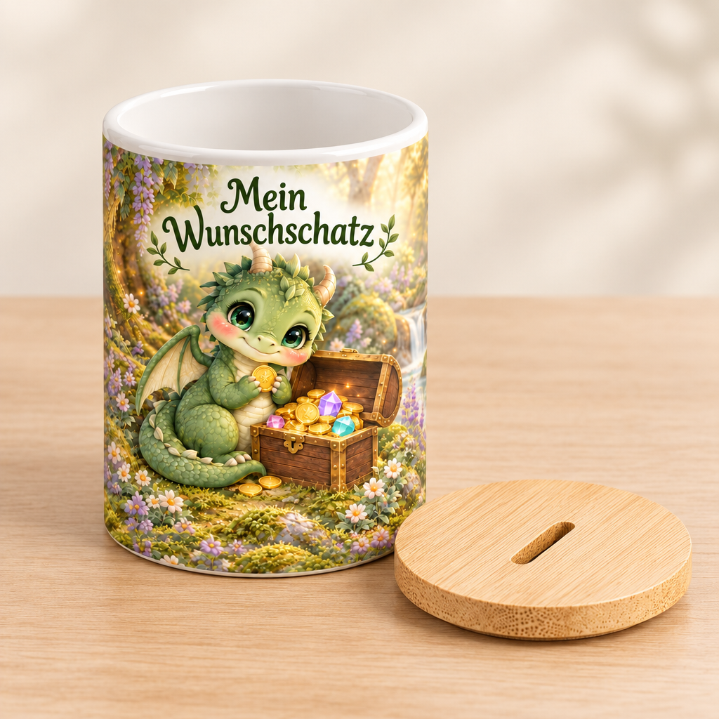 Grüne Drachen-Spardose mit abgenommenem Bambusdeckel