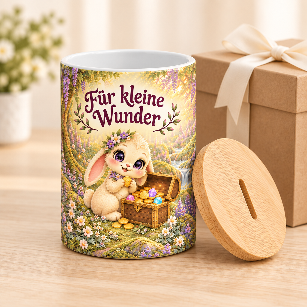 Hasen-Spardose als Geschenk mit abgenommenem Deckel