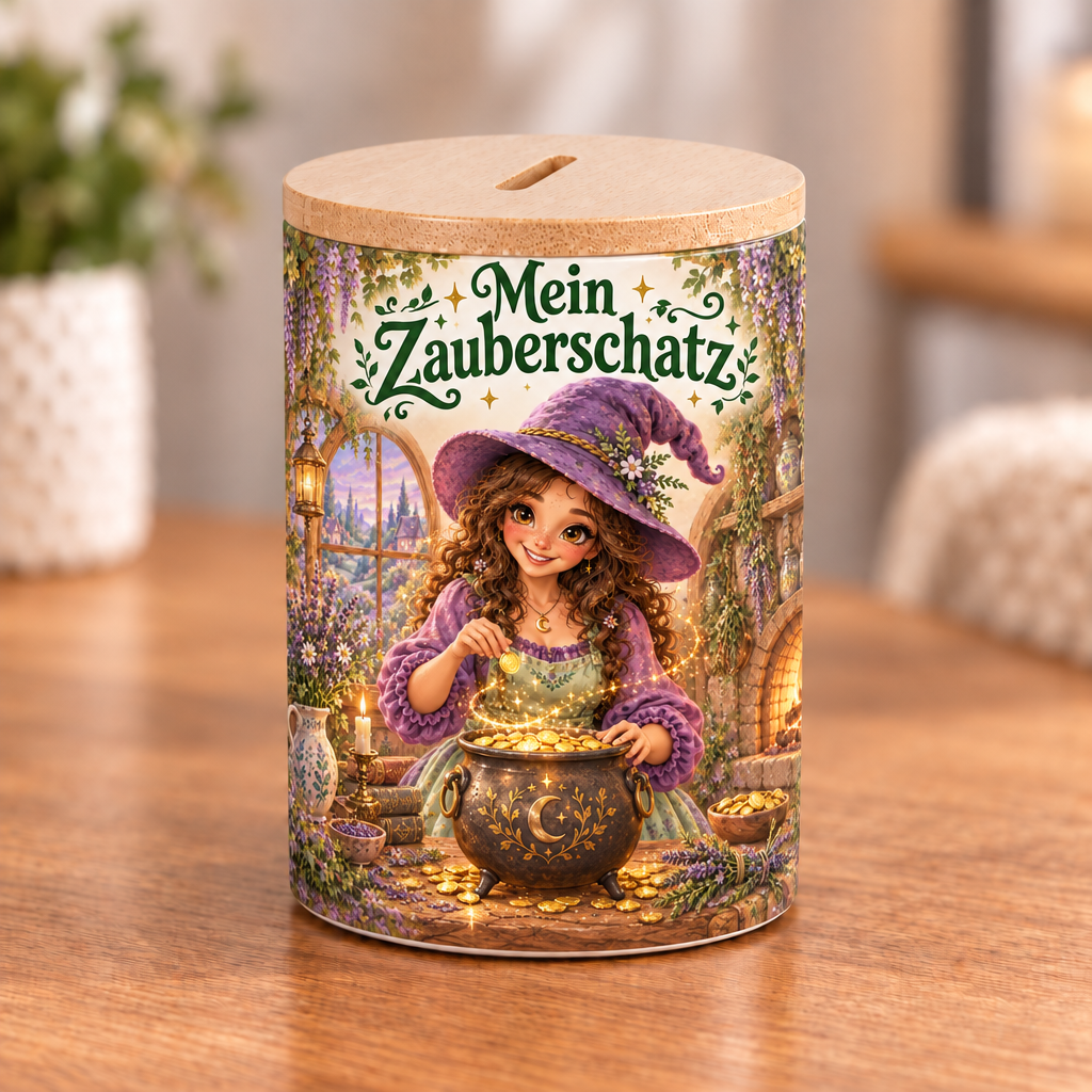 Hexen-Spardose mit Bambusdeckel – Mein Zauberschatz