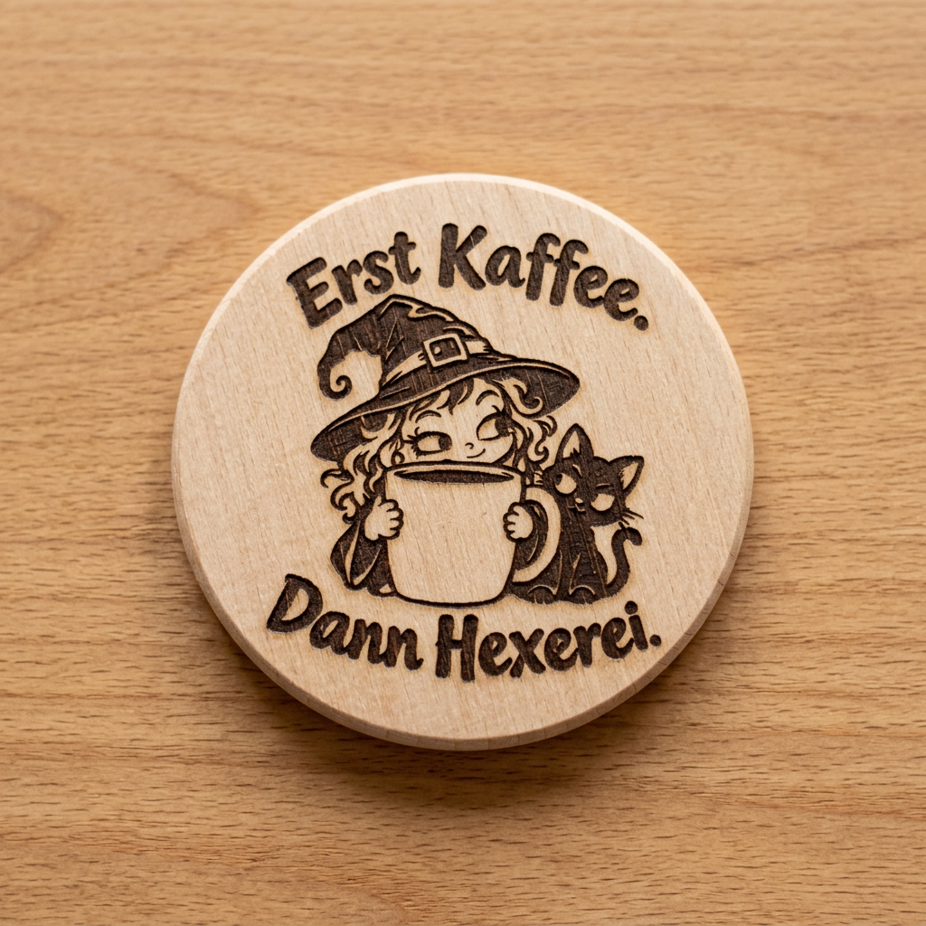 Runder Holzuntersetzer mit gravierter Hexe, die eine Kaffeetasse hält, schwarzer Katze und dem Spruch „Erst Kaffee. Dann Hexerei.“ 