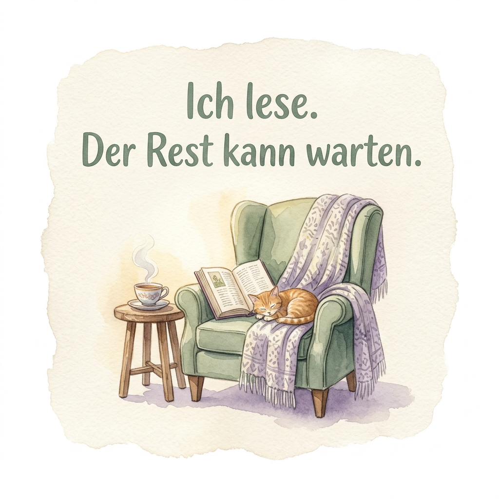 Aquarellmotiv „Ich lese. Der Rest kann warten.“ mit grünem Sessel, offenem Buch, schlafender rotbrauner Katze, lilafarbener Decke und Tee auf einem Holzhocker.