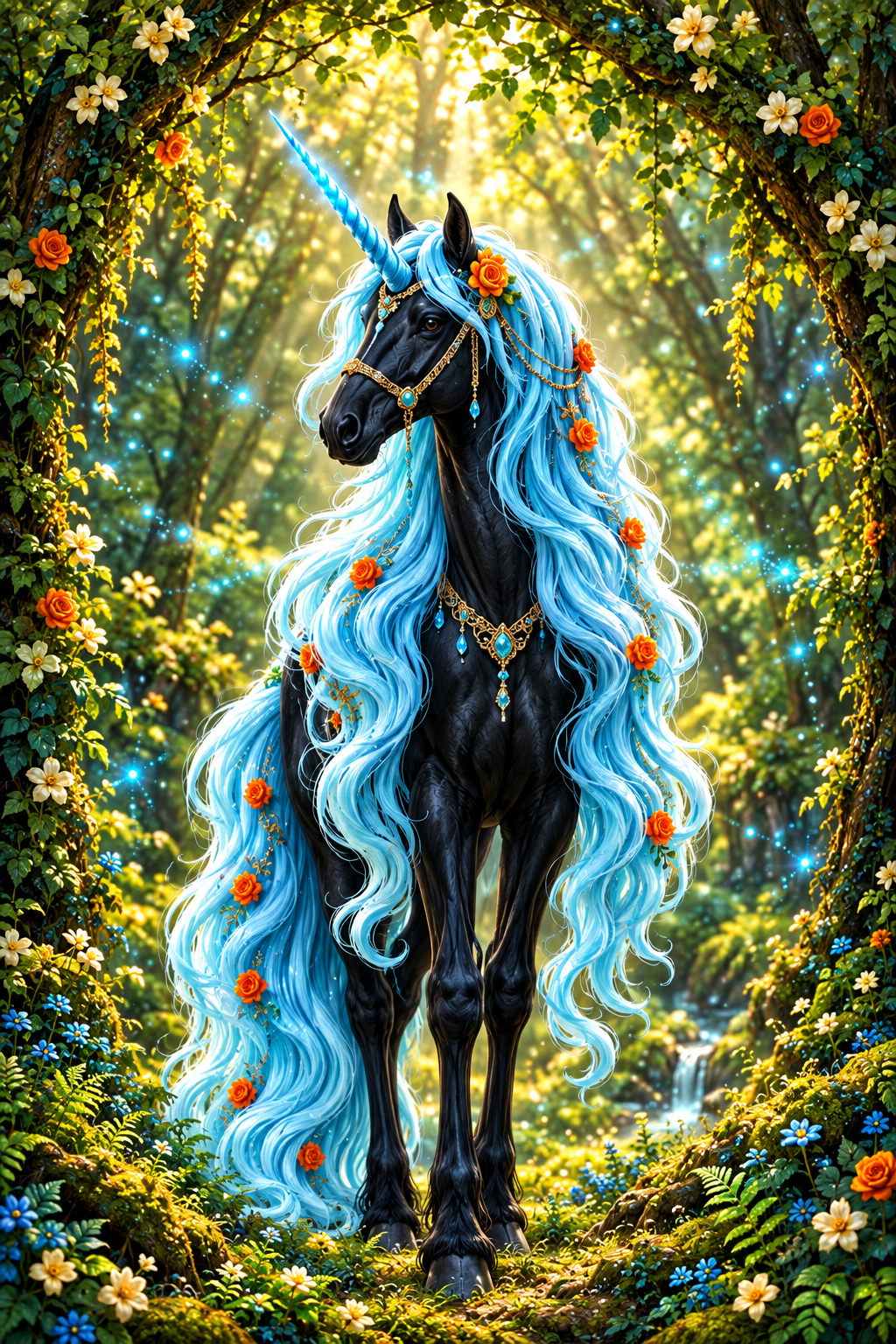 Digitaler Motiventwurf: schwarzes Wald-Einhorn mit eisblauer Mähne, orangefarbenen Rosen und goldenen Schmuckdetails