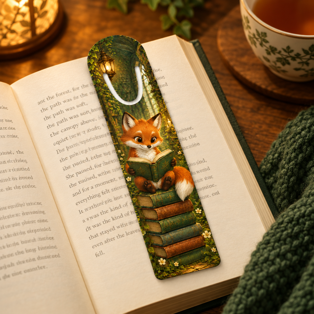 Digitale Vorschau: Bücherfuchs-Lesezeichen auf einem offenen Buch neben Tee und grüner Strickdecke