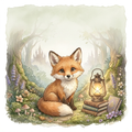 Orangefarbener Fuchs zwischen Blumen und Pilzen im Wald, neben einer leuchtenden Laterne auf einem Bücherstapel.