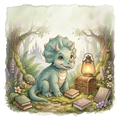 Freundlicher grüner Triceratops im Wald neben einer Schatztruhe und einer leuchtenden Laterne, umgeben von Büchern, Farnen und Blumen.