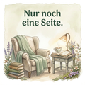 Aquarellmotiv ‚Nur noch eine Seite.‘ mit Sessel, salbeigrüner Decke, offenem Buch, Teetasse und Leselampe zwischen Blumen.