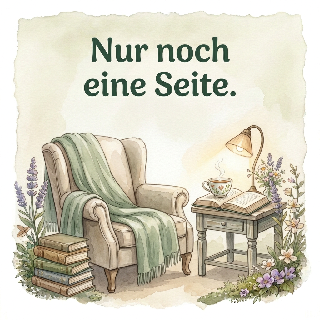 Aquarellmotiv ‚Nur noch eine Seite.‘ mit Sessel, salbeigrüner Decke, offenem Buch, Teetasse und Leselampe zwischen Blumen.